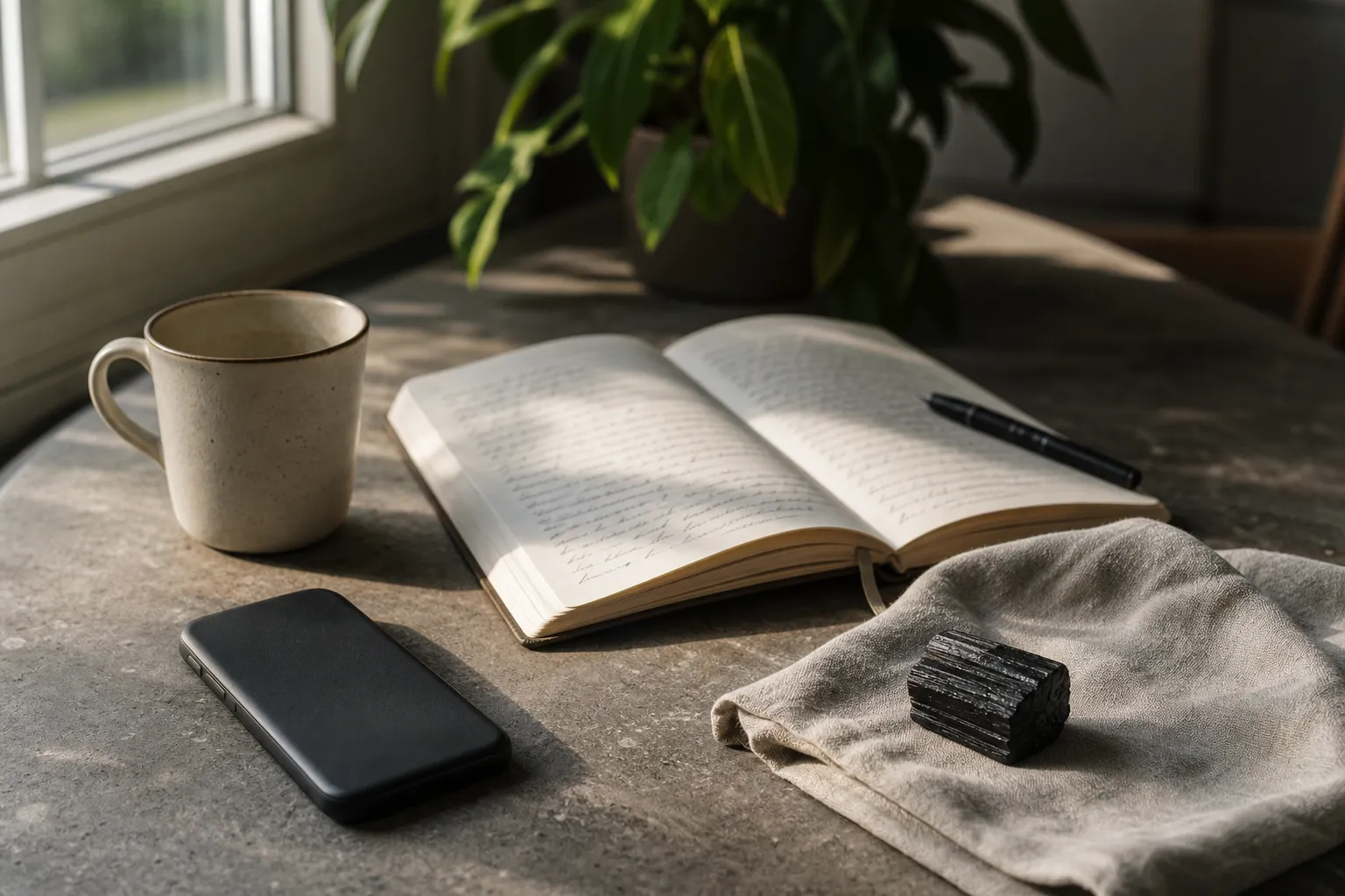 A quiet grounding setup with a journal, phone turned face down, and black tourmaline used as a self-care cue