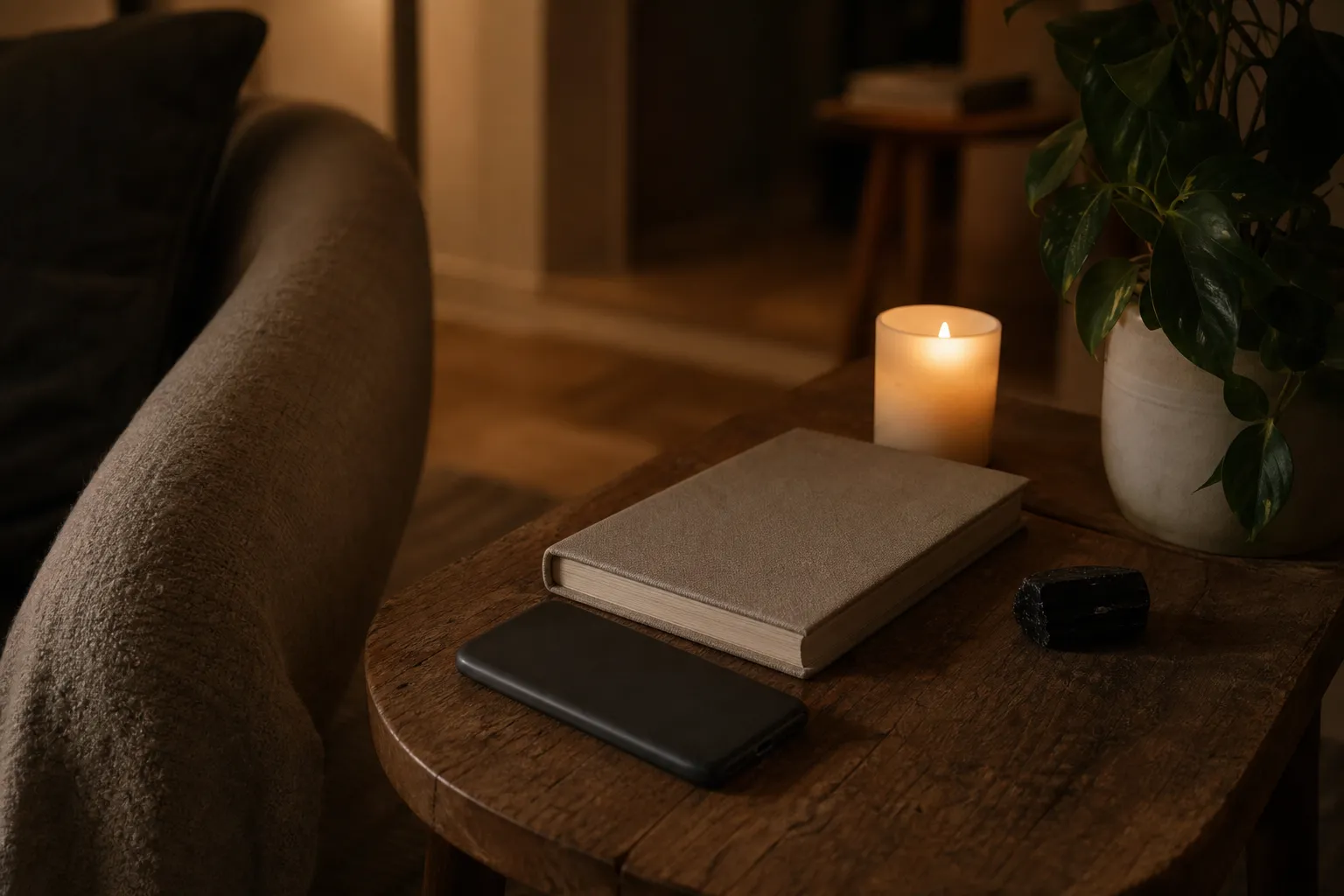A simple evening reset with a notebook, dim phone, candle, and black tourmaline beside a quiet home corner
