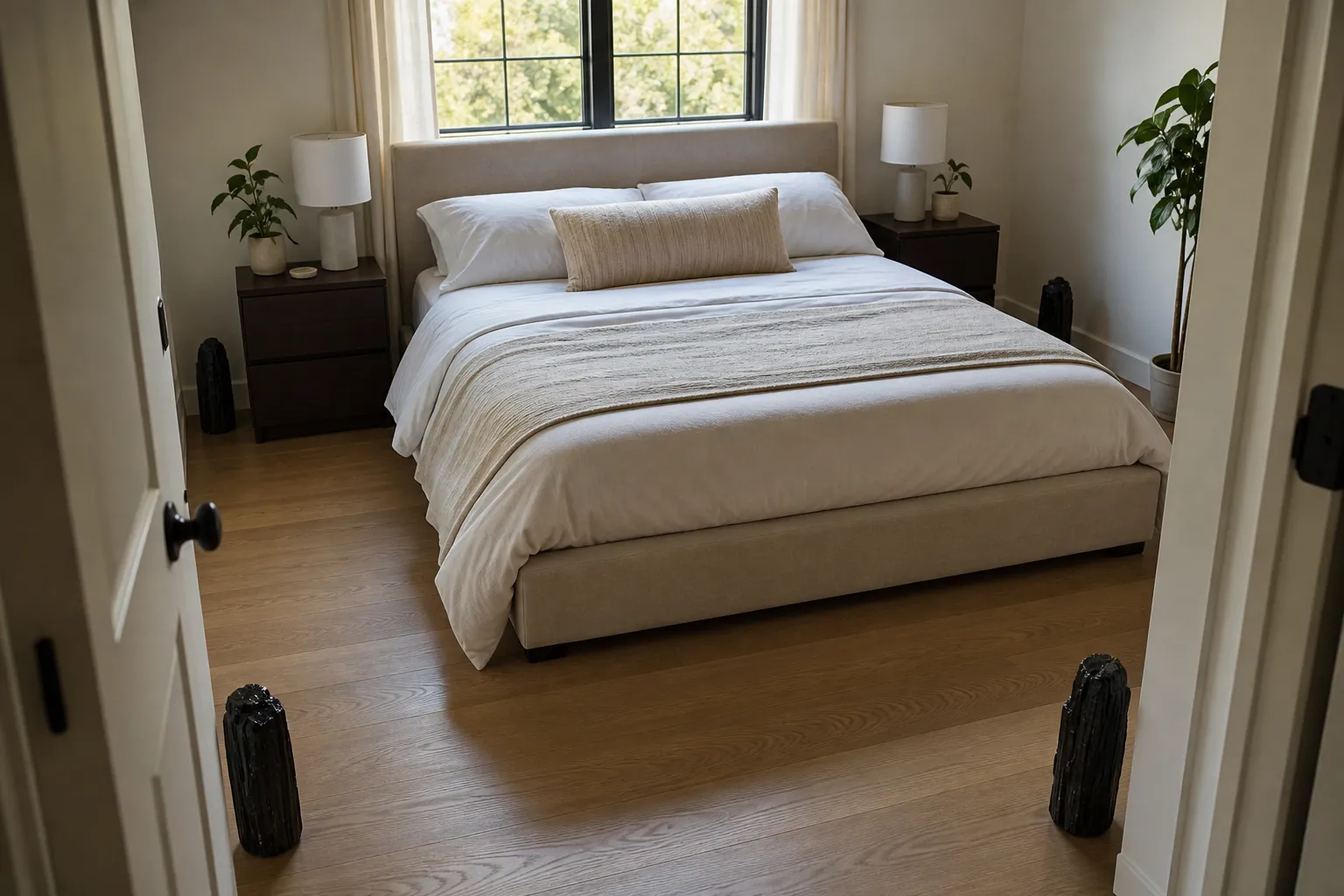 Four black tourmaline pieces placed near the corners of a tidy bedroom as a symbolic room boundary
