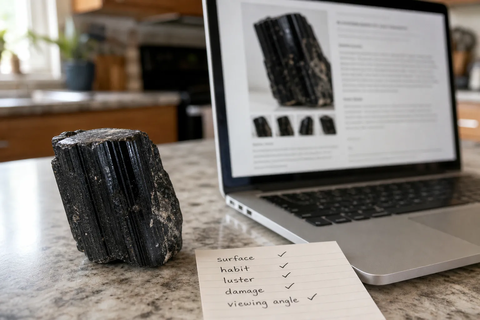 Black tourmaline listing view comparing observable surface traits with seller grade language and claim limits