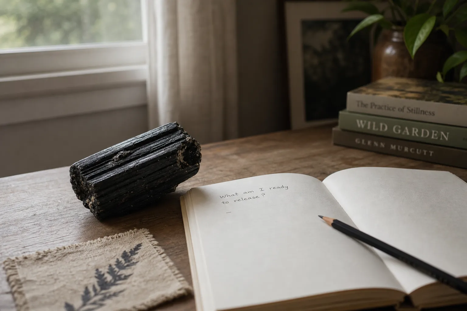 Black tourmaline beside a notebook as a tactile anchor for a short lineage reflection practice