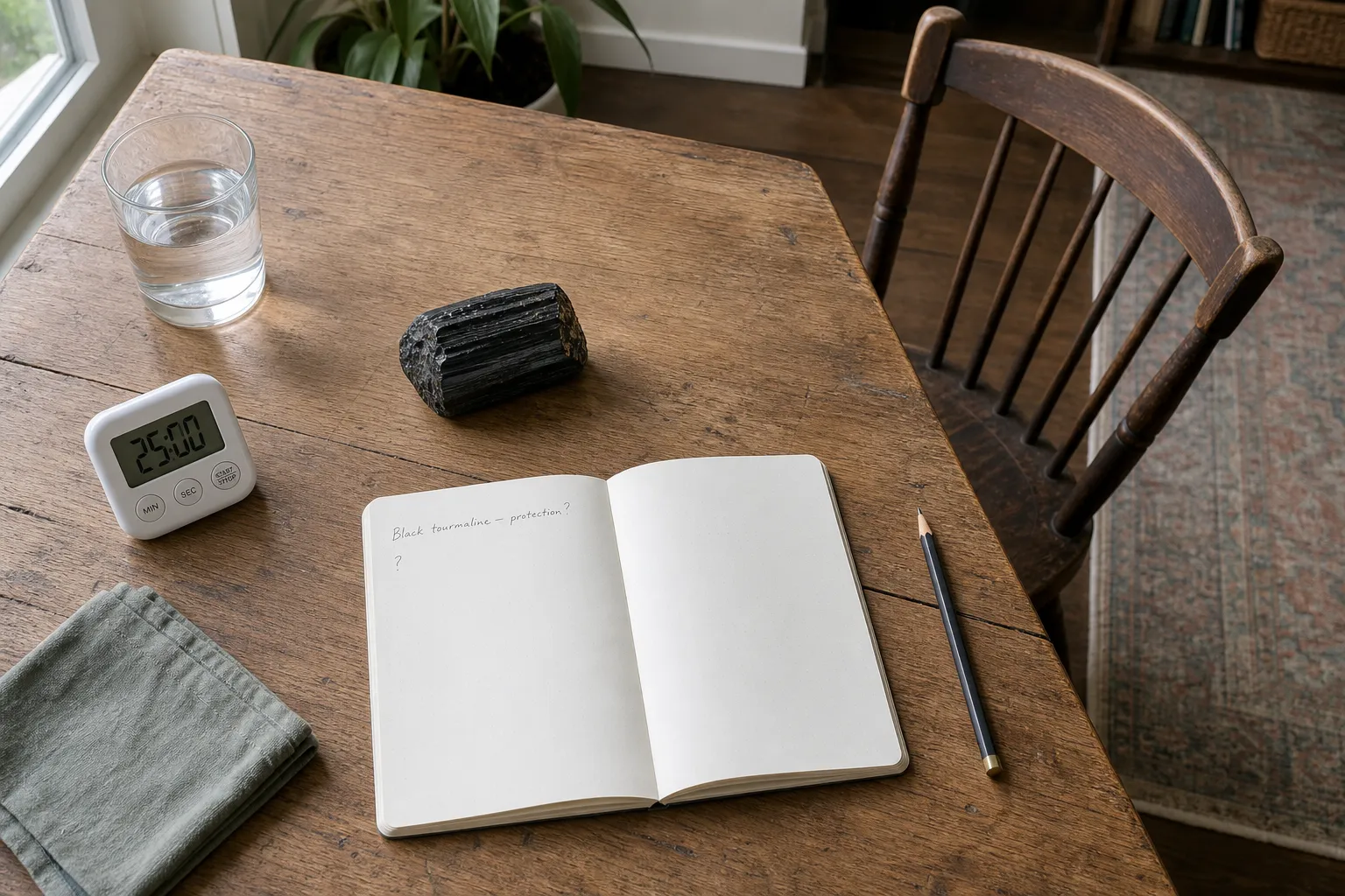 A short written prompt, a black tourmaline specimen, and ordinary room objects marking a bounded reflection session