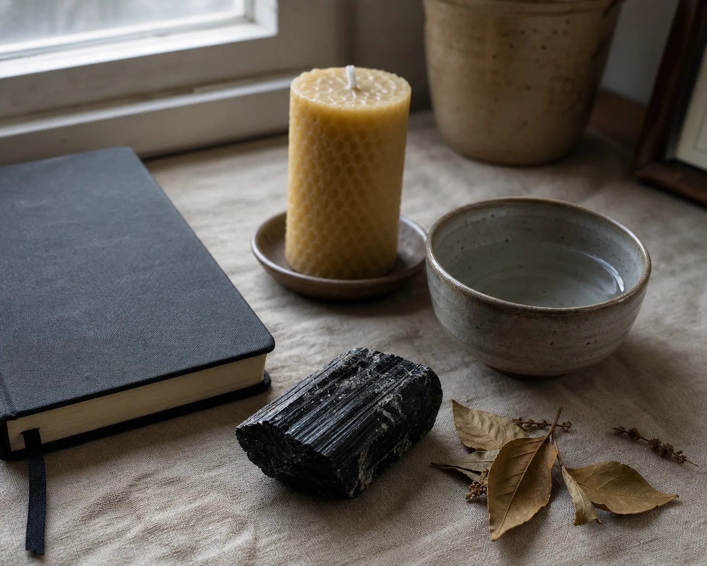 A black tourmaline stone, notebook, water bowl, and candle arranged as a modest reflective ritual setup