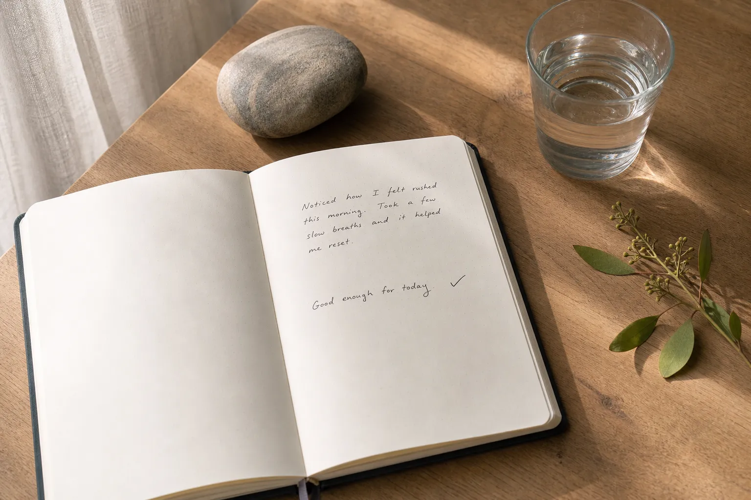 A notebook with a short ancestral reflection question beside a natural object and a glass of water