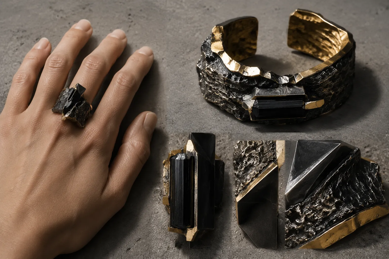 A comparison of angular metal structure, raw mineral texture, bark-like surface, and wearable scale in biophilic brutalist jewelry