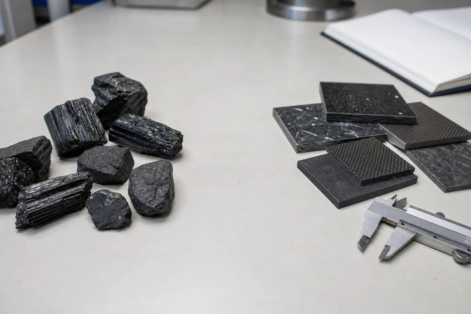Loose black stones shown separately from engineered shielding materials to clarify the evidence boundary around shungite claims
