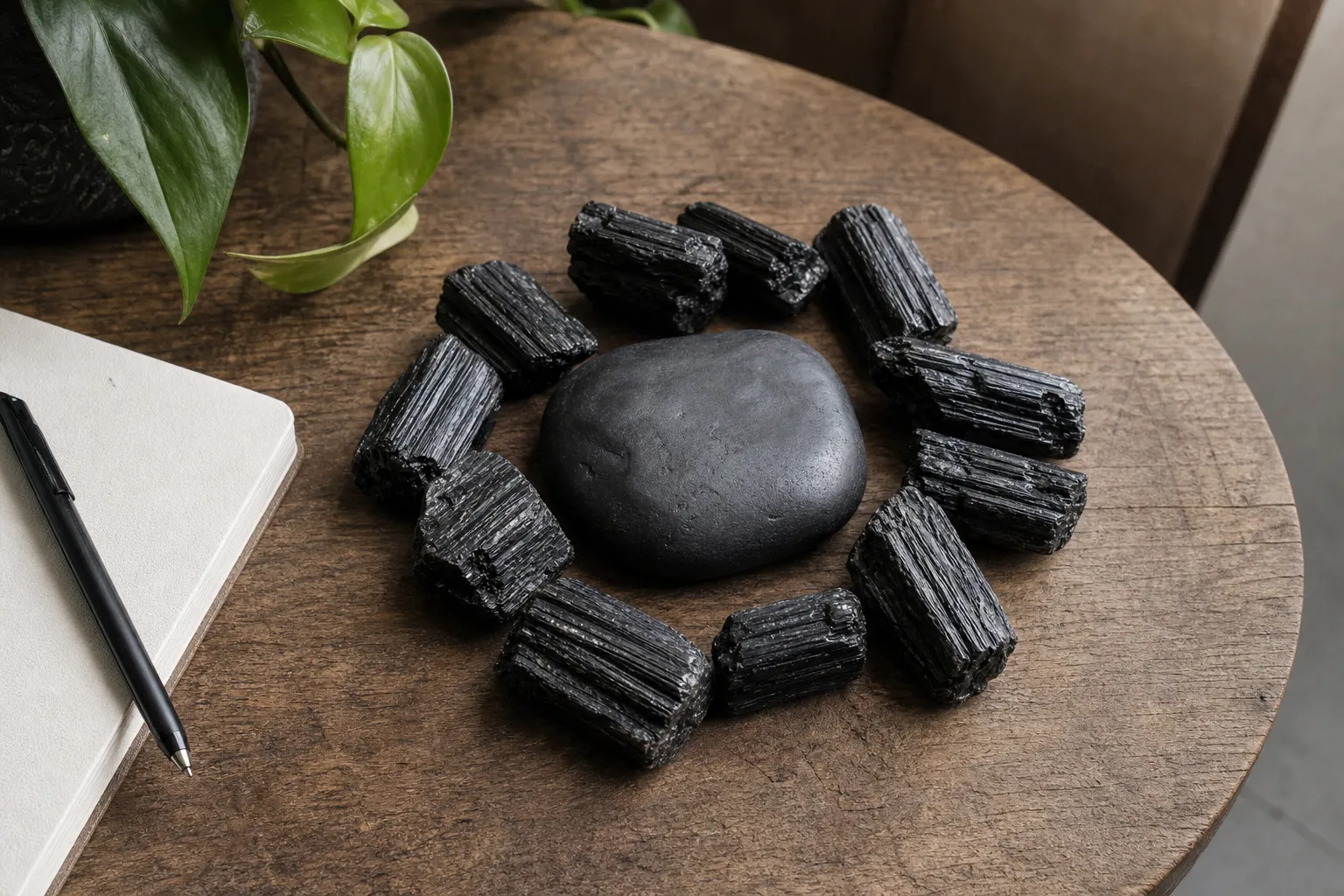 Black tourmaline and shungite arranged together as a symbolic boundary and filtering pair on a simple surface