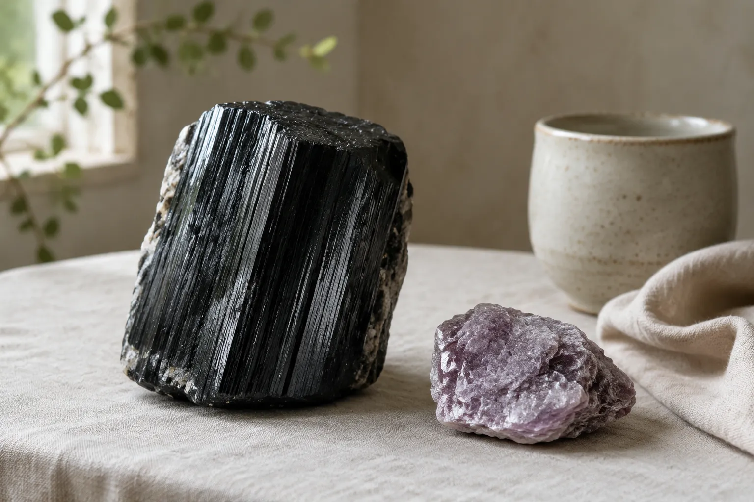 Black tourmaline and lepidolite arranged as a boundary and softening pair for a modest grounding ritual