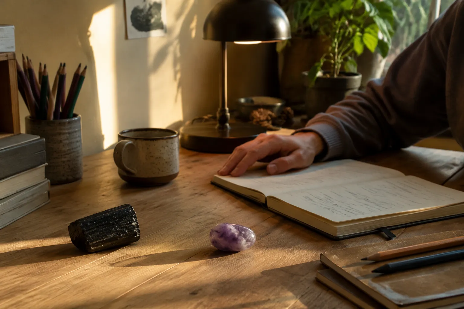 Black tourmaline near the outer edge of a desk with lepidolite closer to a notebook as a practical placement cue