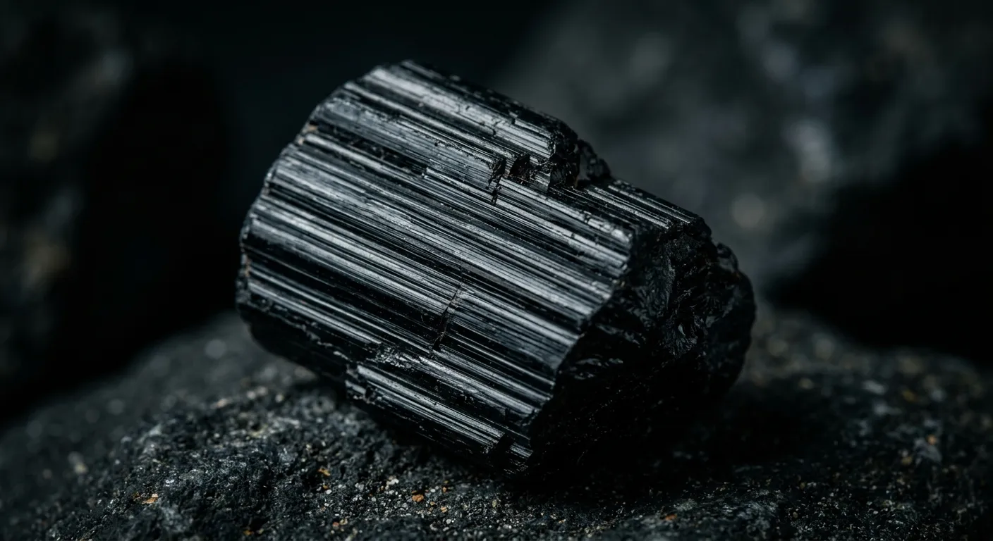 Raw black tourmaline specimen showing vertical striations