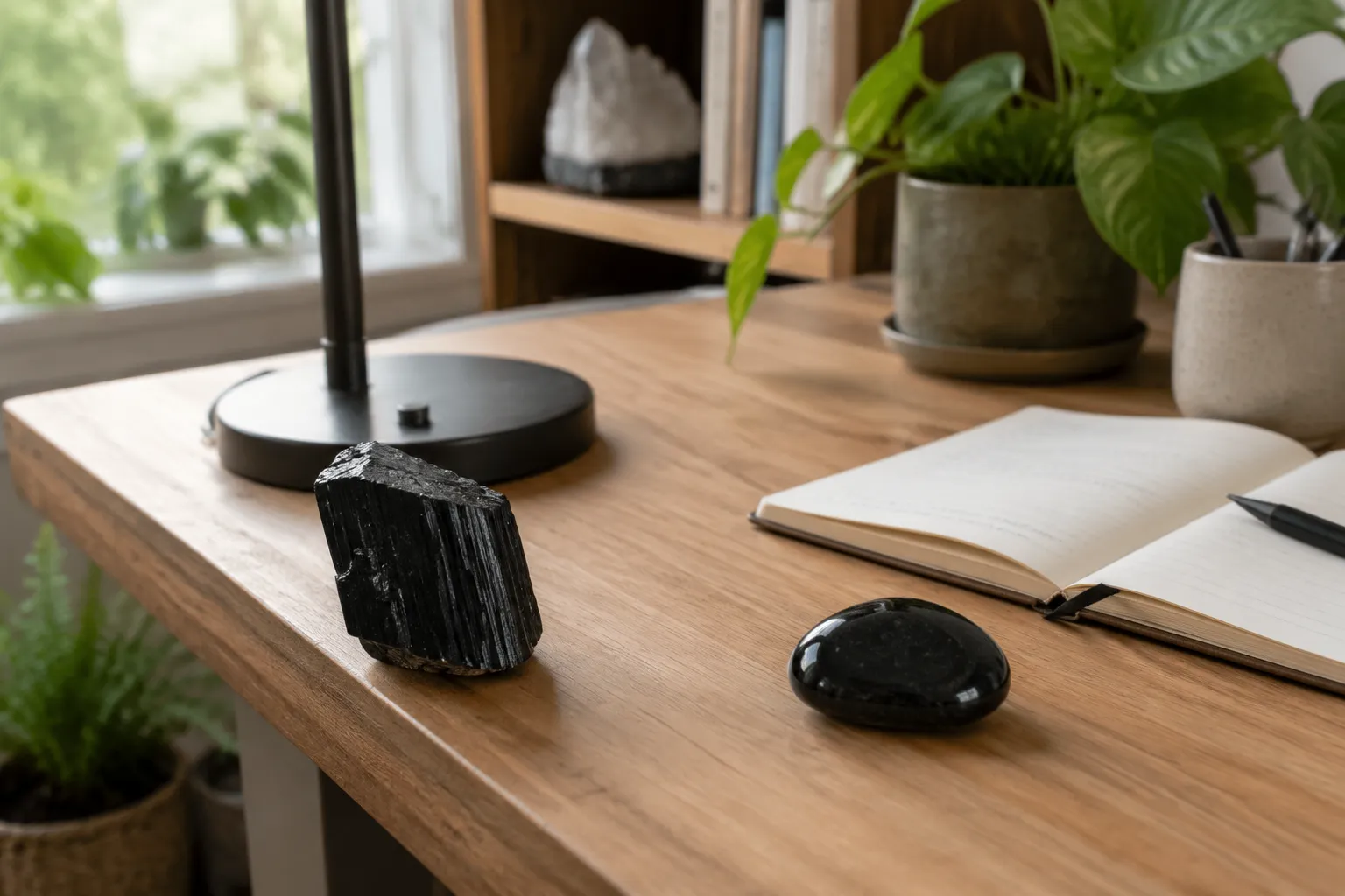 Black tourmaline placed near a desk edge and obsidian placed with a notebook for private reflection