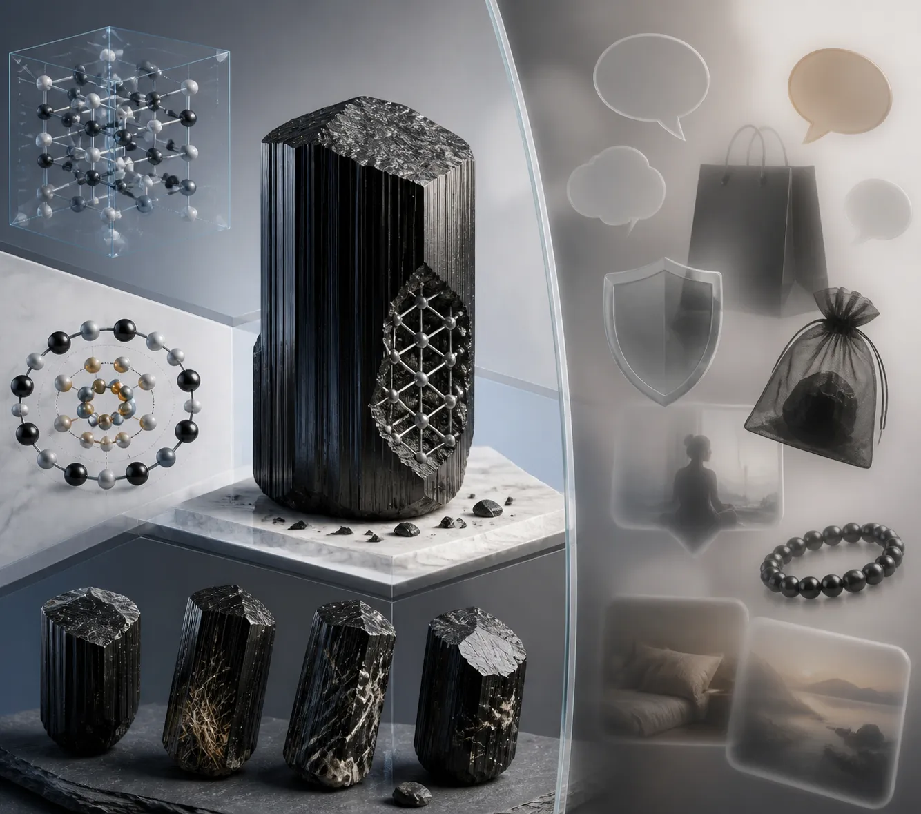 Black tourmaline claims separated into mineral structure statements, ideal chemistry, natural variation, and unsupported personal-effect language