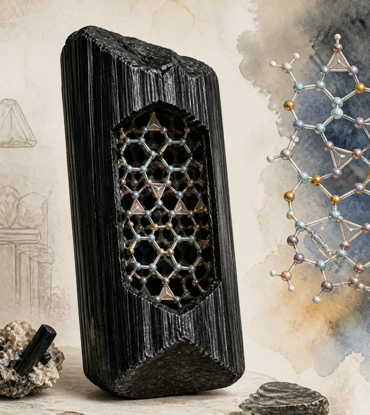 Black tourmaline interpreted through Si6O18 silicate rings, BO3 groups, and site-based sodium, iron, aluminum, and hydroxyl chemistry
