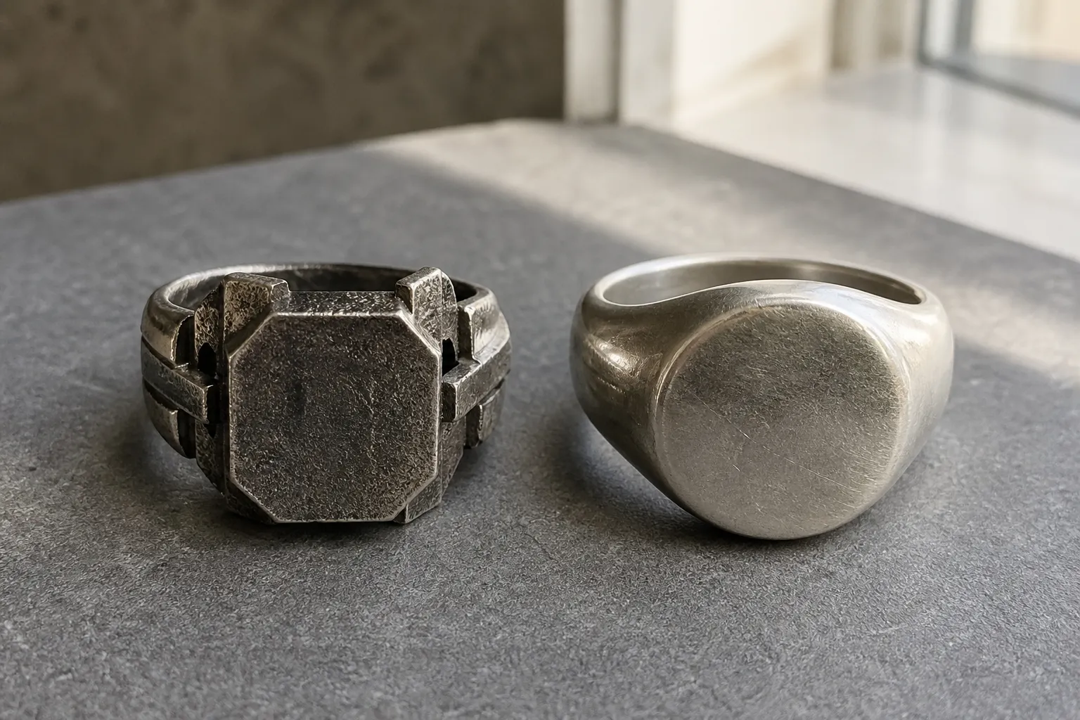 A comparison of a structured Brutalist signet ring and a large conventional chunky men’s ring
