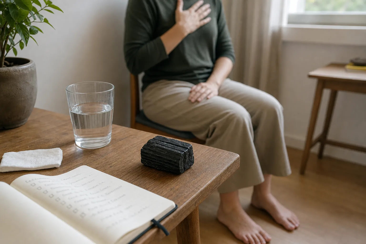 A calm post-ritual check-in with black tourmaline set down nearby