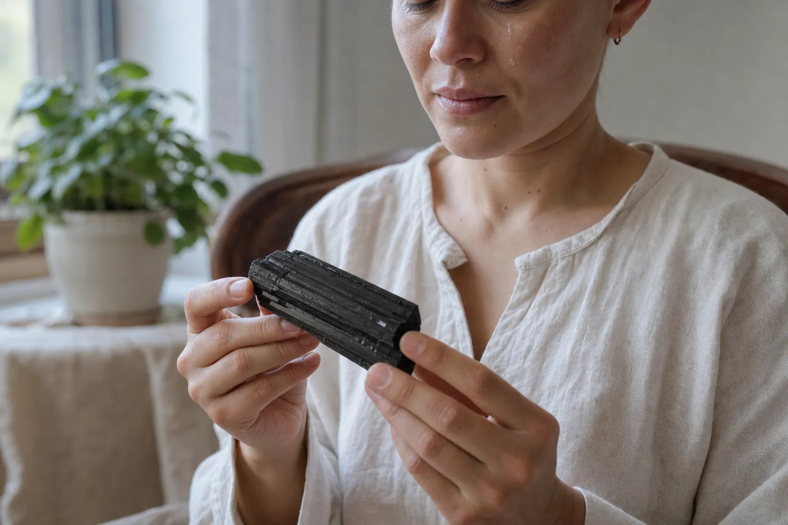 Black tourmaline held quietly during a grounded emotional pause
