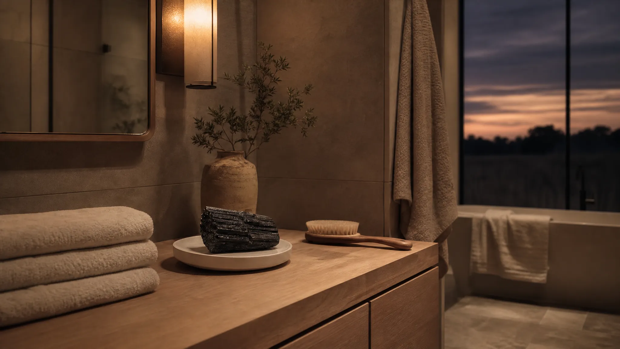 Black tourmaline placed on a dry tray in a calm bathroom with warm light and folded towels