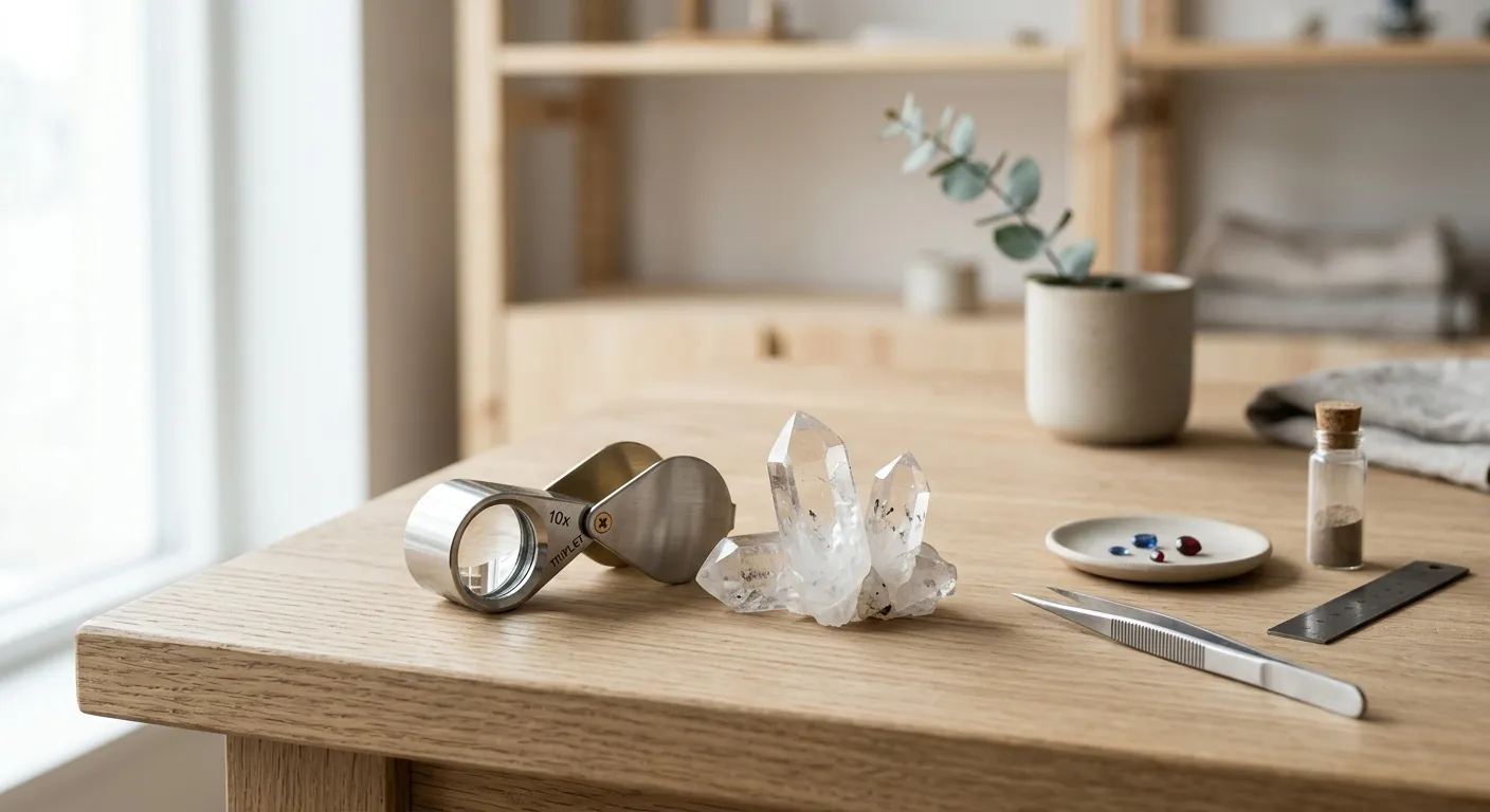 A jeweler's loupe beside quartz points and lab tools on a clean neutral surface, emphasizing authenticity inspection