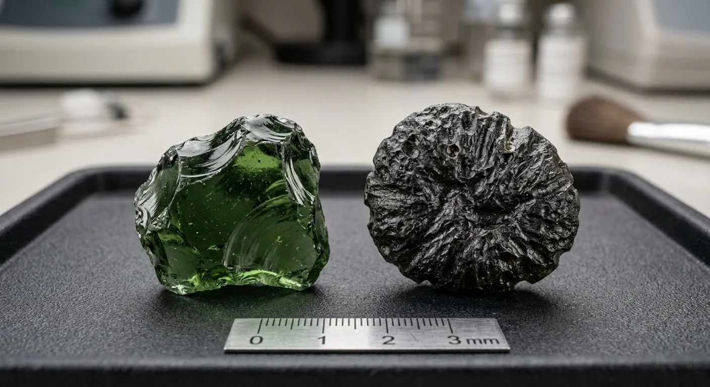 Macro close-up of green glass-like material contrasted with genuine tektite-like texture, presented as a verification study