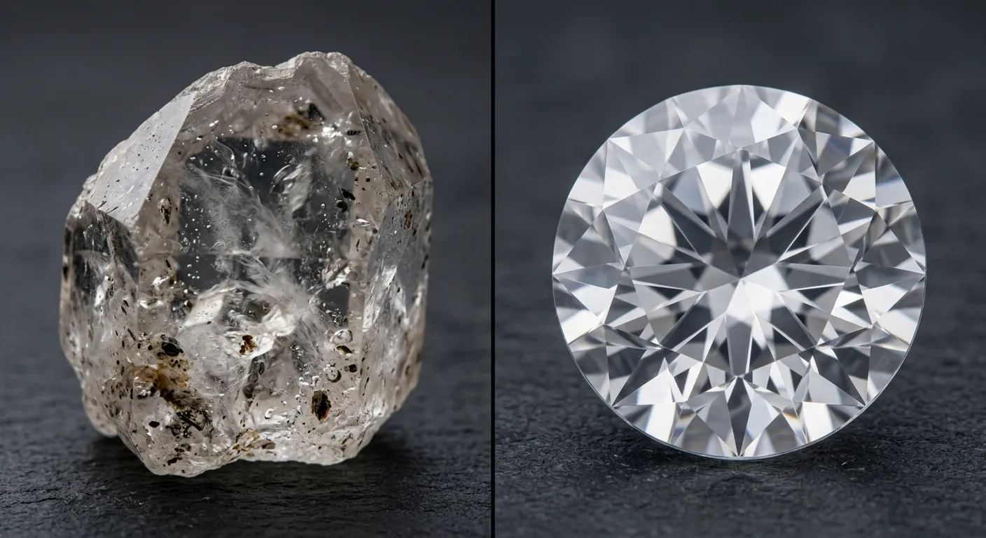 Split macro view: natural quartz with inclusions and veils contrasted with optically perfect lab-grown quartz