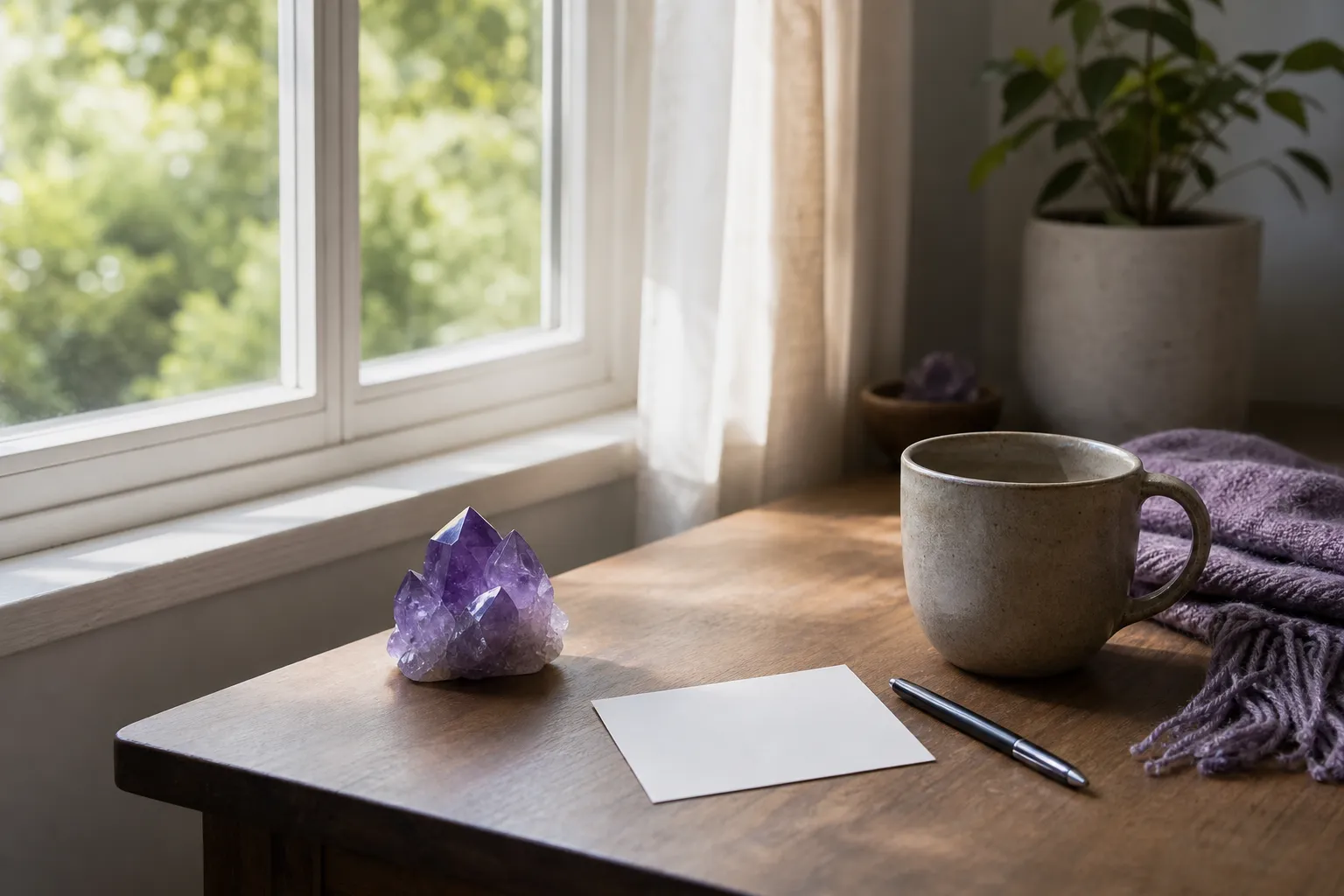 A crystal placed away from the body on a visible surface, representing a pause before deciding whether the practice is complete