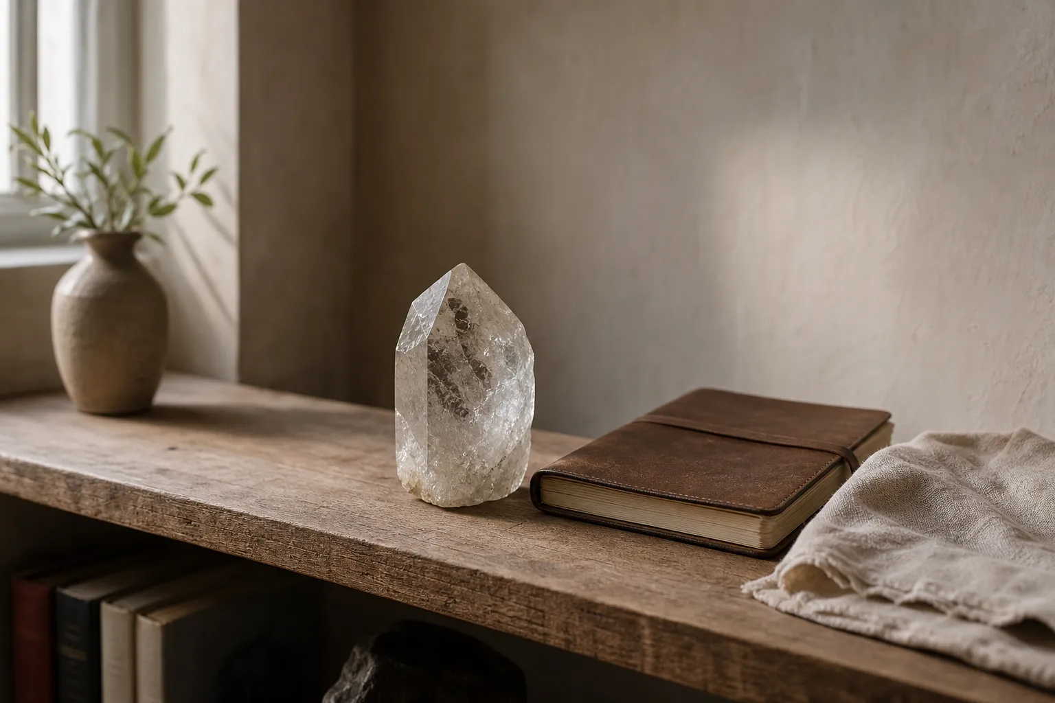 A crystal resting on a shelf beside a small notebook, suggesting a quiet shift from daily use to completed association