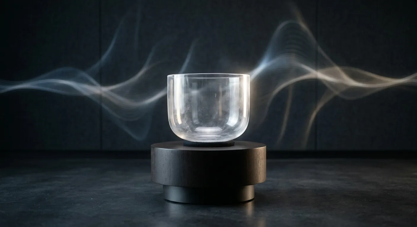 A clear quartz singing bowl in a minimal studio with subtle wave patterns in the background, suggesting precise acoustic resonance