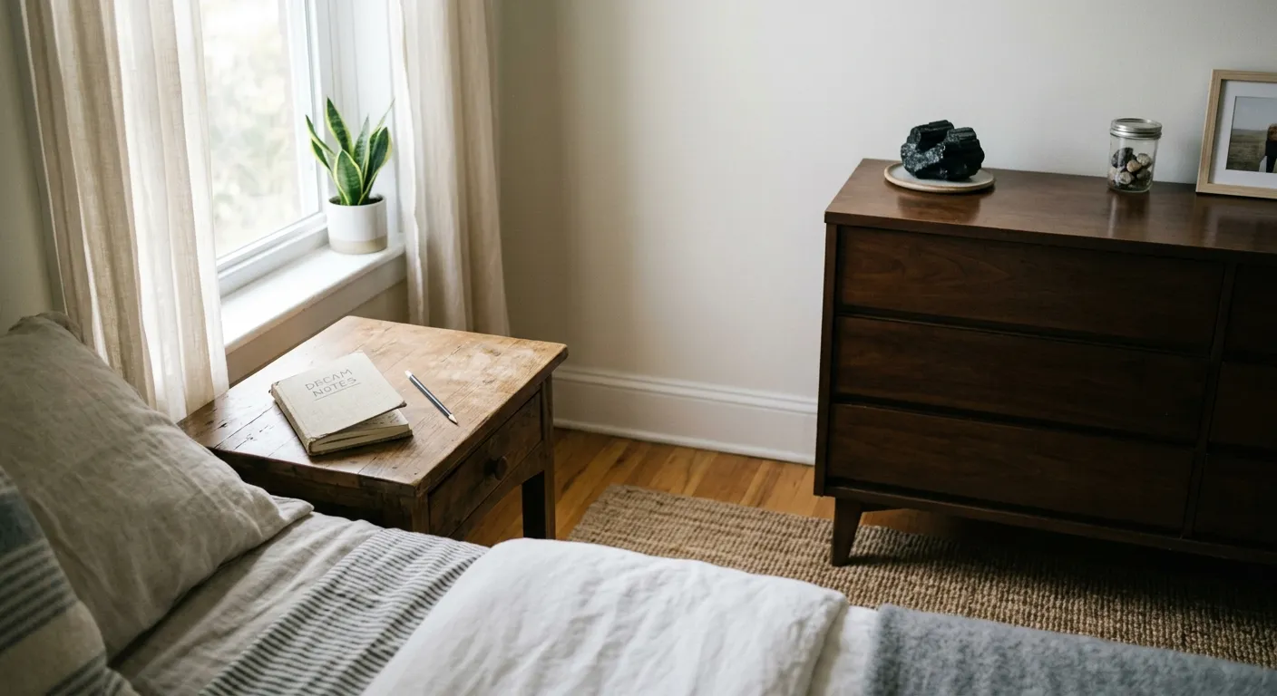 A simple dream observation setup showing black tourmaline moved away from the bed and a notebook for tracking patterns