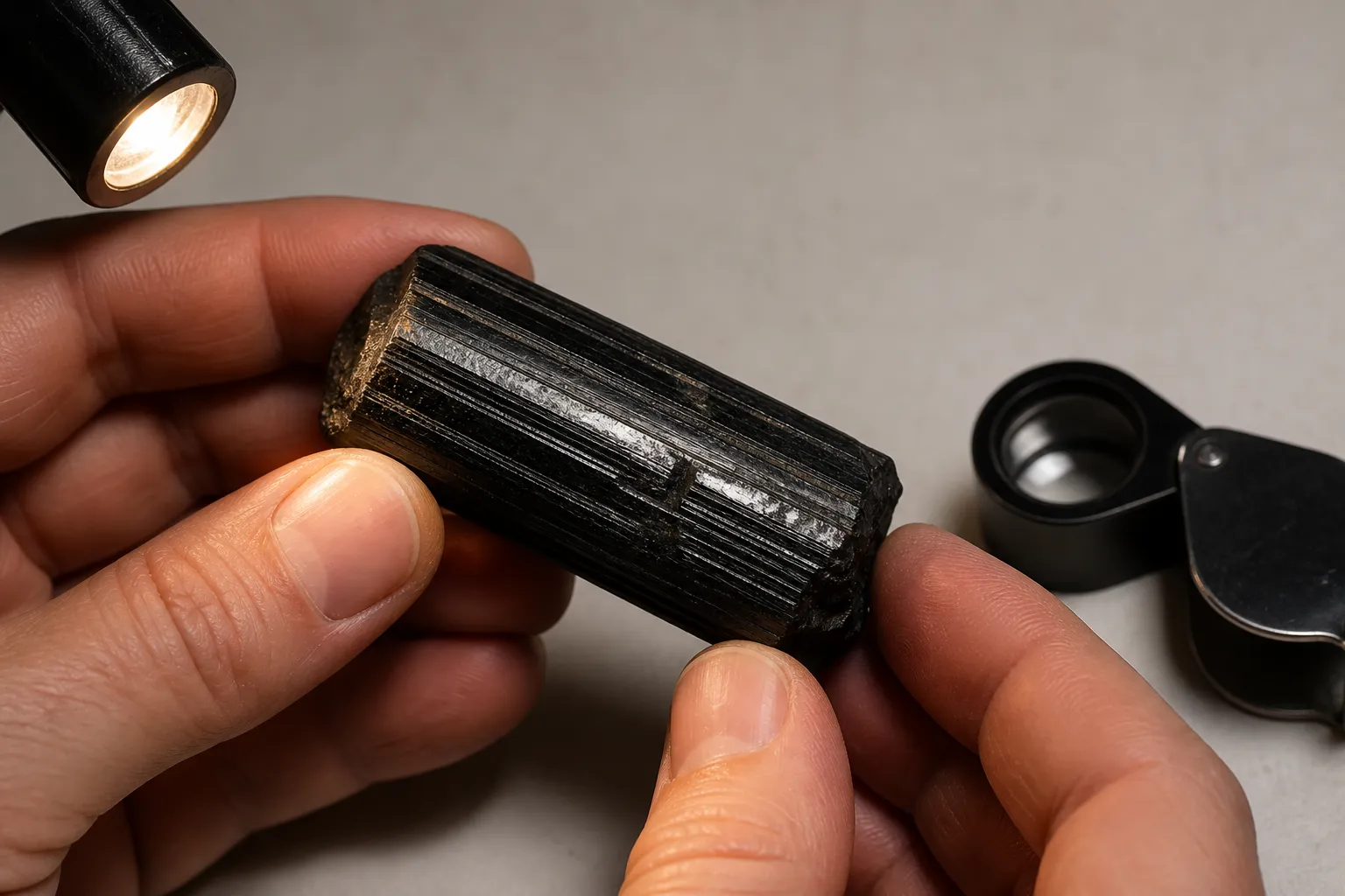 Black tourmaline surface being rotated under side light to compare grooves, fractures, and marks