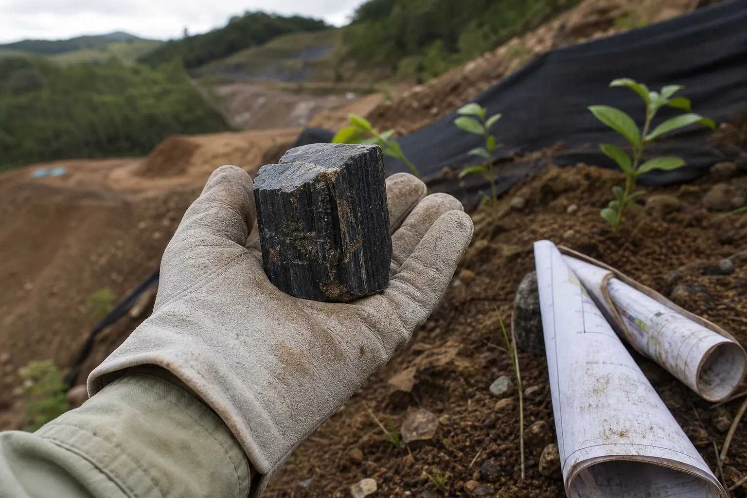 Black tourmaline specimen considered beside disturbed soil and post-closure rehabilitation planning