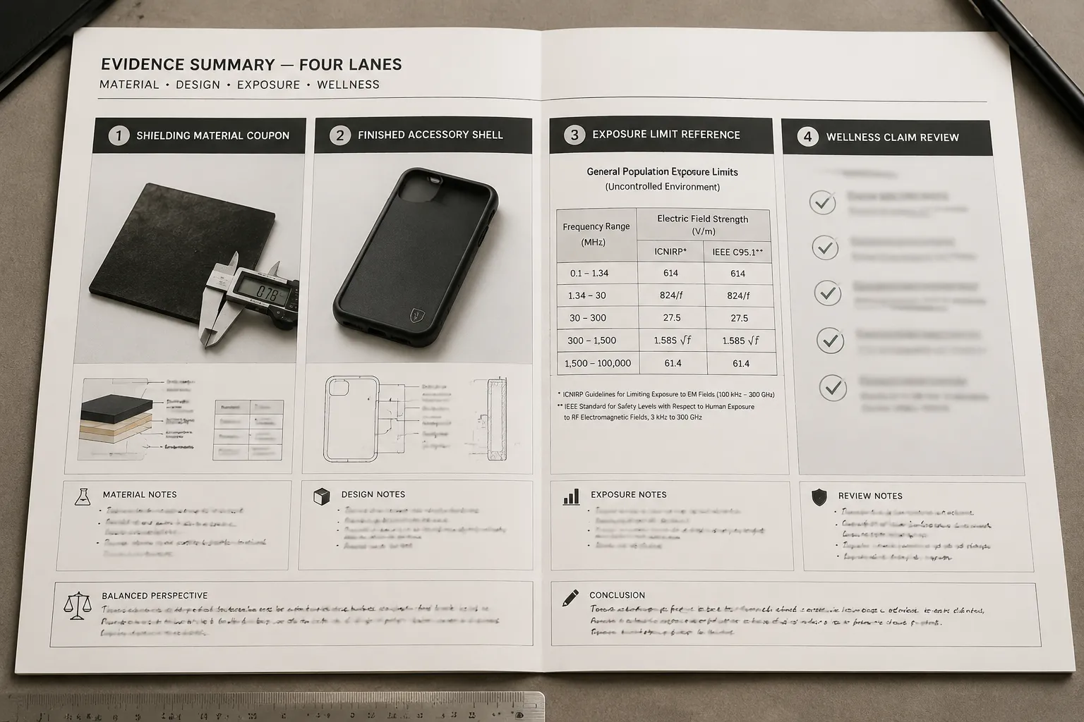 EMF claim checks separating flat material testing from finished product and wellness language