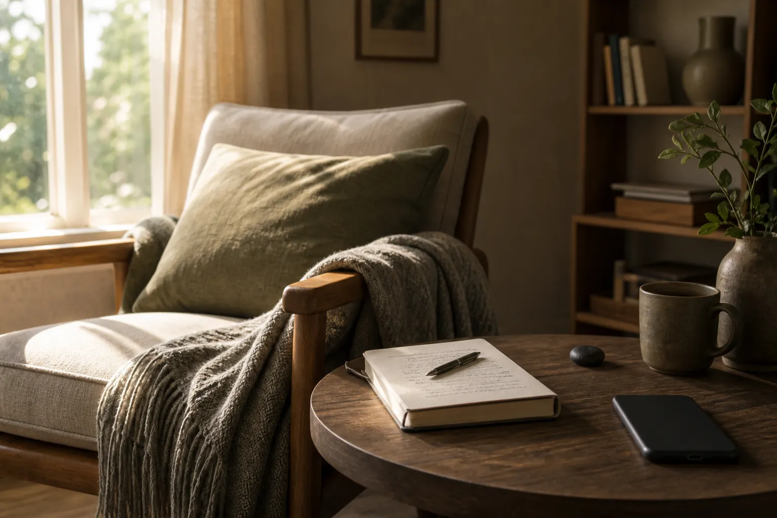 A calm home setting with a phone set aside, a quiet chair, and a grounding object marking a pause from constant messages