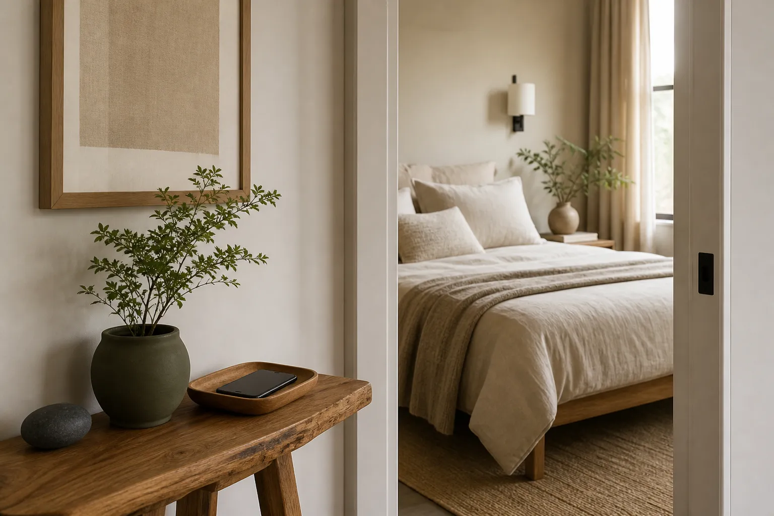 A doorway area with a small stone, a plant, and a phone kept away from the bedroom to represent a symbolic spatial boundary