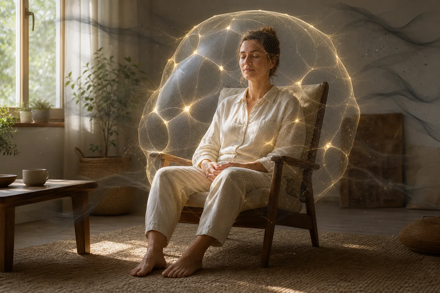 A grounded person visualizing a close, semi-permeable personal boundary that allows connection without absorption