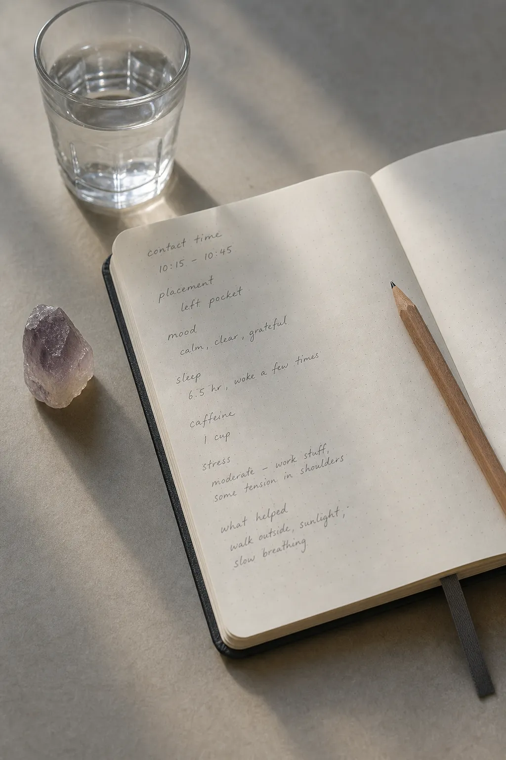 A light tracking note beside a crystal, showing contact duration, placement, mood, and context without over-monitoring
