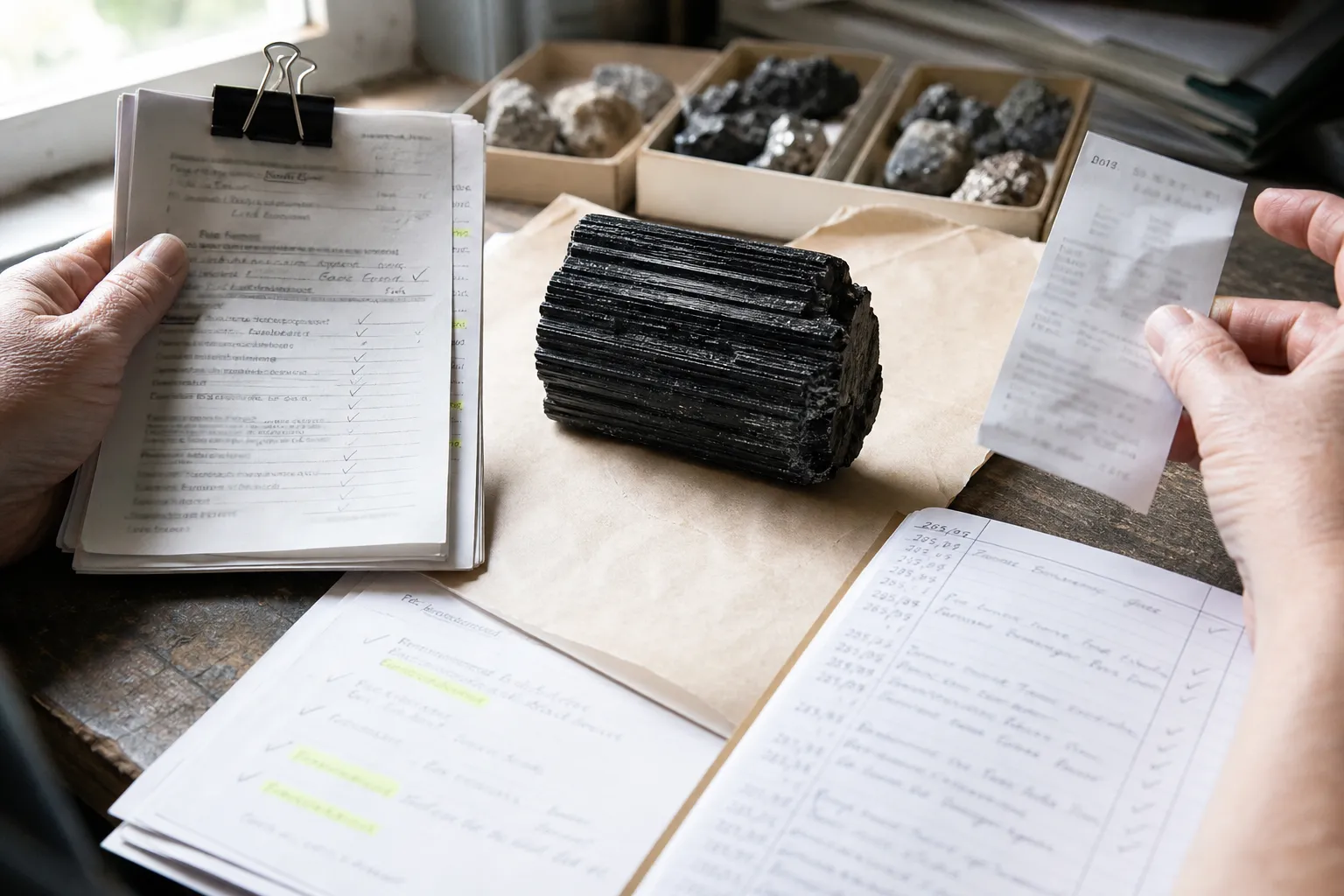 Black tourmaline specimen beside certification records, audit scope notes, and supplier documentation.