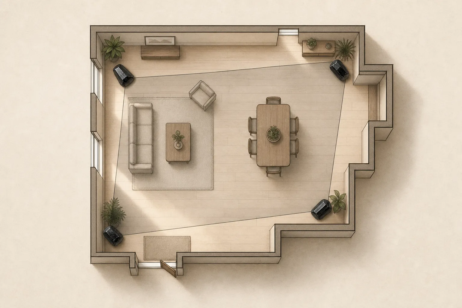 Black tourmaline placement points defining a practical zone in an irregular room instead of every architectural angle