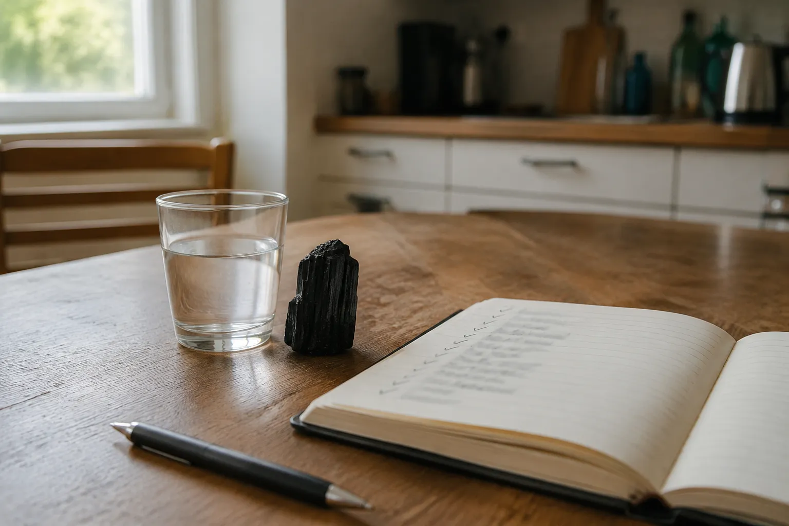 A calm desk scene with black tourmaline, water, and space for pausing before a difficult reply.