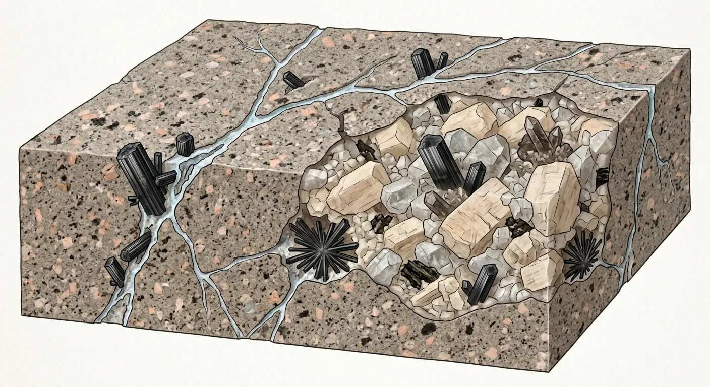 Granite-related formation settings showing pegmatitic growth and hydrothermal vein context for black tourmaline without treating magma as the only pathway