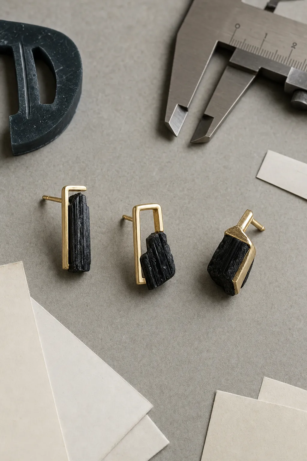 Design study showing raw tourmaline kept legible beside restrained gold edges, negative space, and deliberate asymmetry