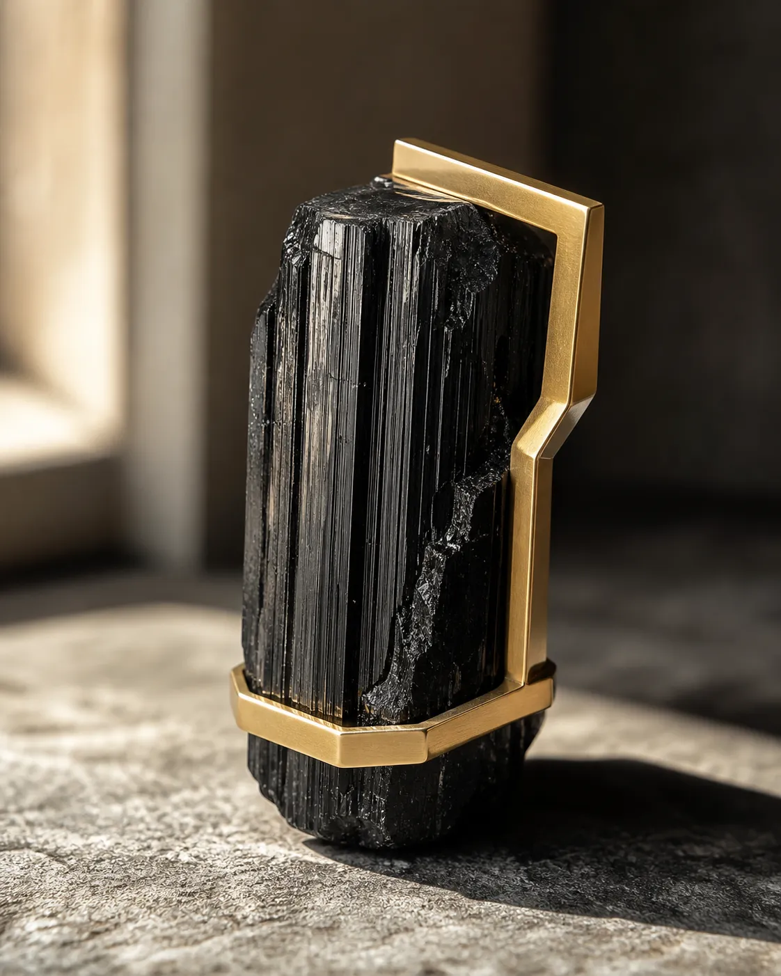 18K gold framing a raw tourmaline stone so polished warmth and irregular mineral texture remain visibly separate