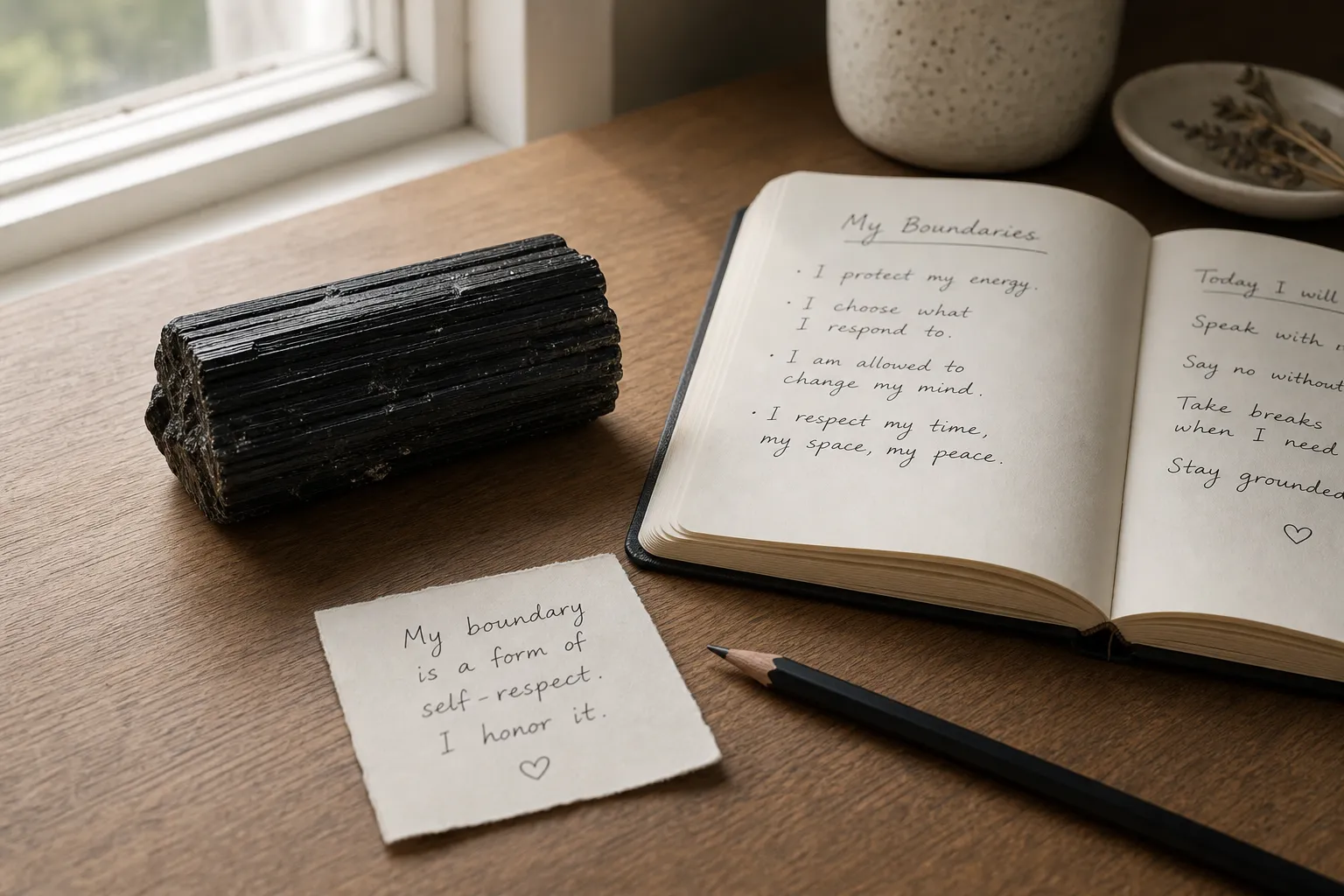 A quiet desk scene with black tourmaline, a journal, and a simple boundary note for a belief-based cord cutting ritual