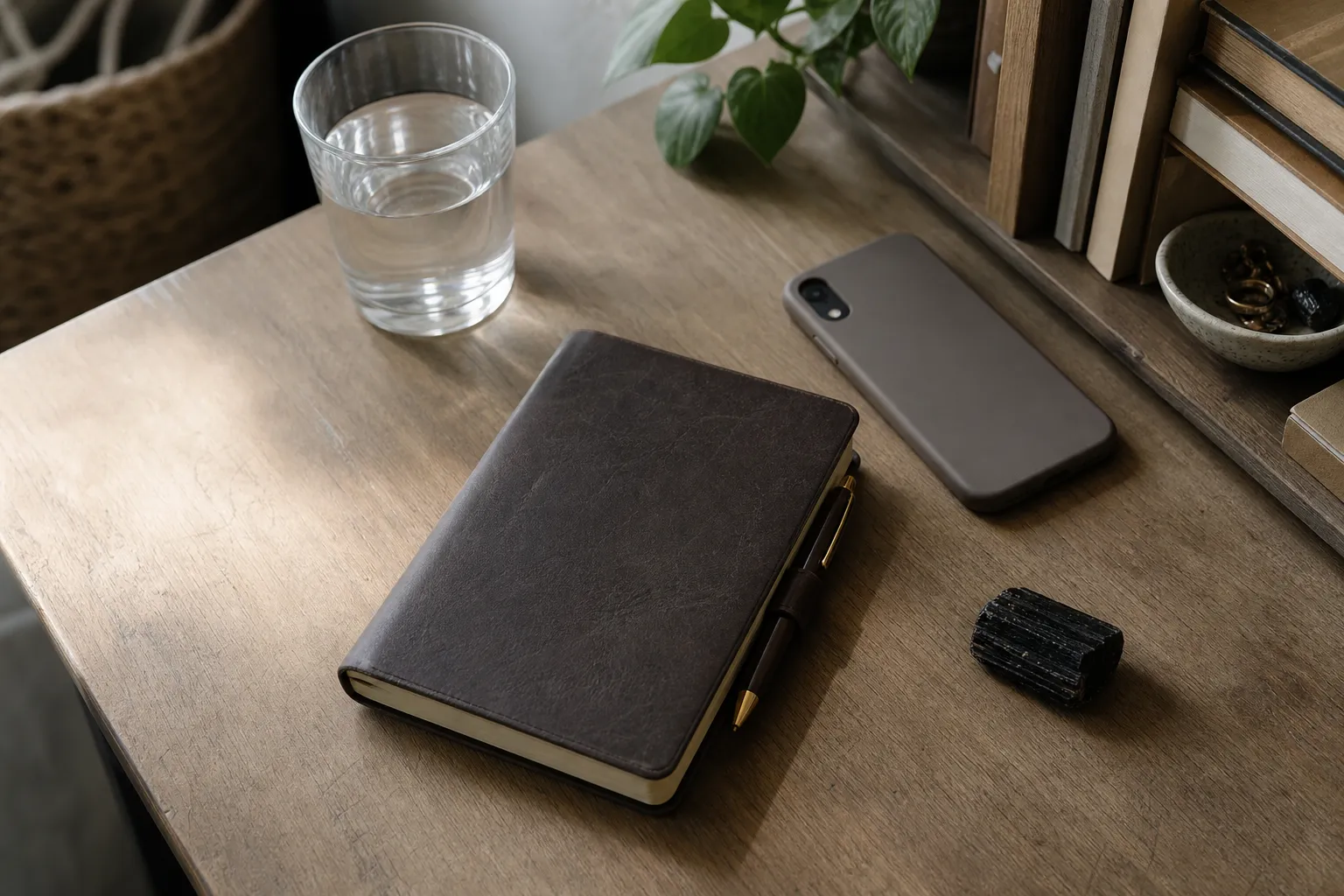 A journal page, muted phone, water glass, and black tourmaline arranged as grounded follow-through after cord cutting