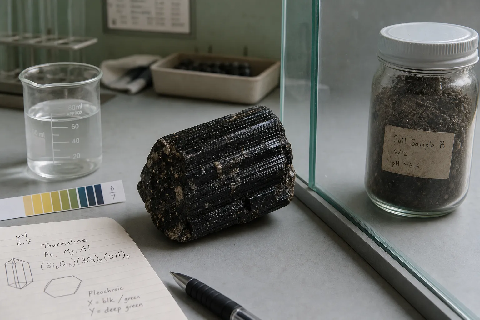 Black tourmaline beside controlled water chemistry notes and a separated soil sample, emphasizing the evidence boundary for heavy metal immobilization