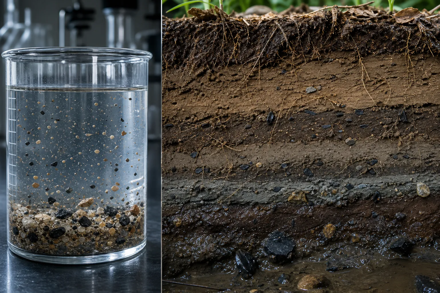 Soil texture, roots, water movement, and mineral particles shown as a complex system compared with a controlled water test