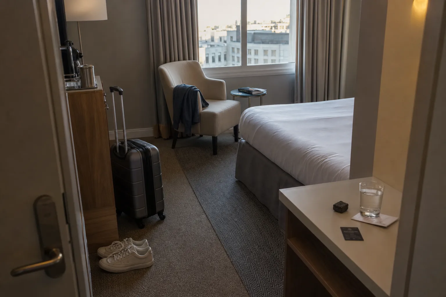 A calm hotel room arrival setup with luggage placed deliberately, one cleared surface, and a small black tourmaline anchor.