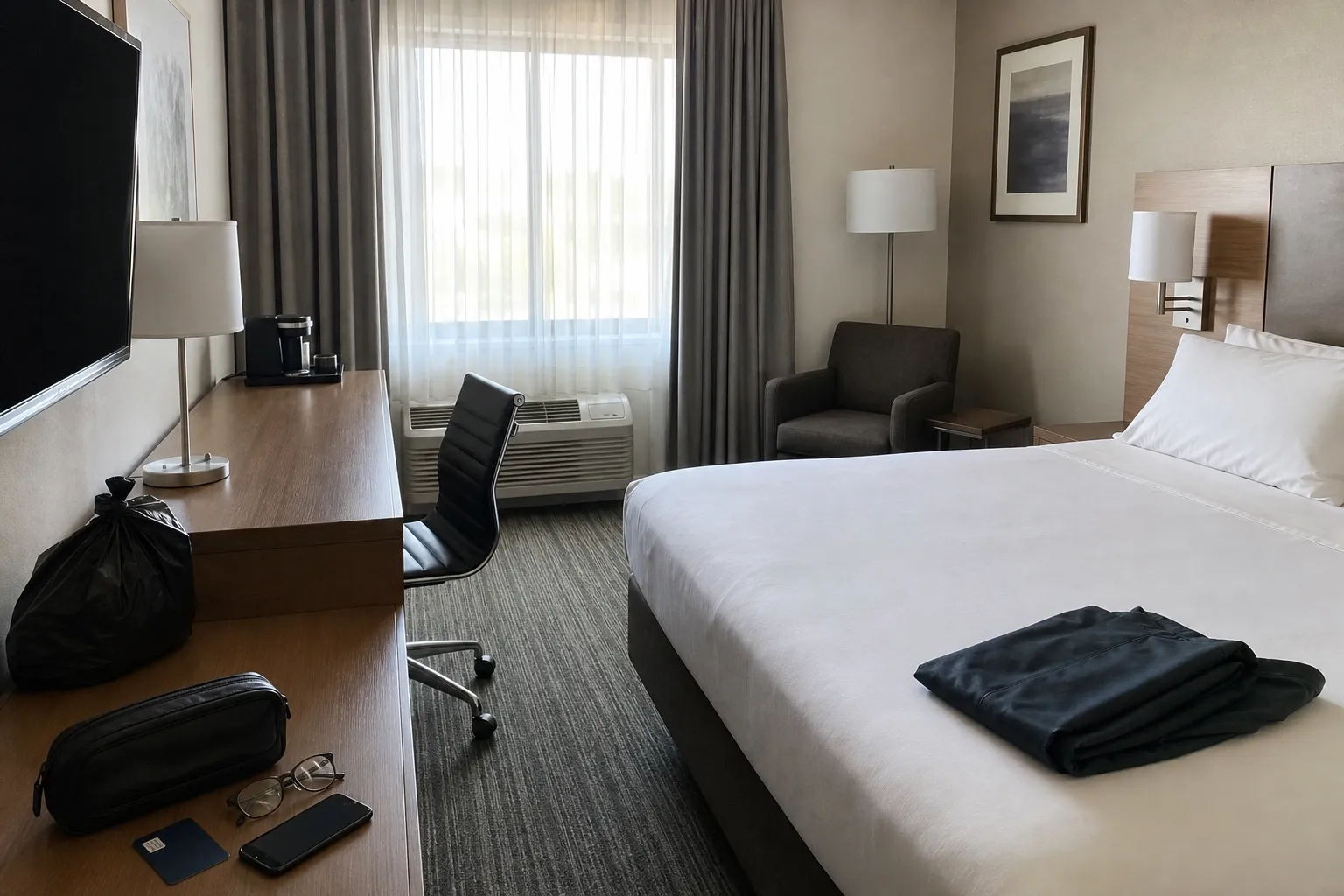 A scent-free hotel room reset with wrappers gathered, phone and key card in one landing area, and the bed area kept visually clear.