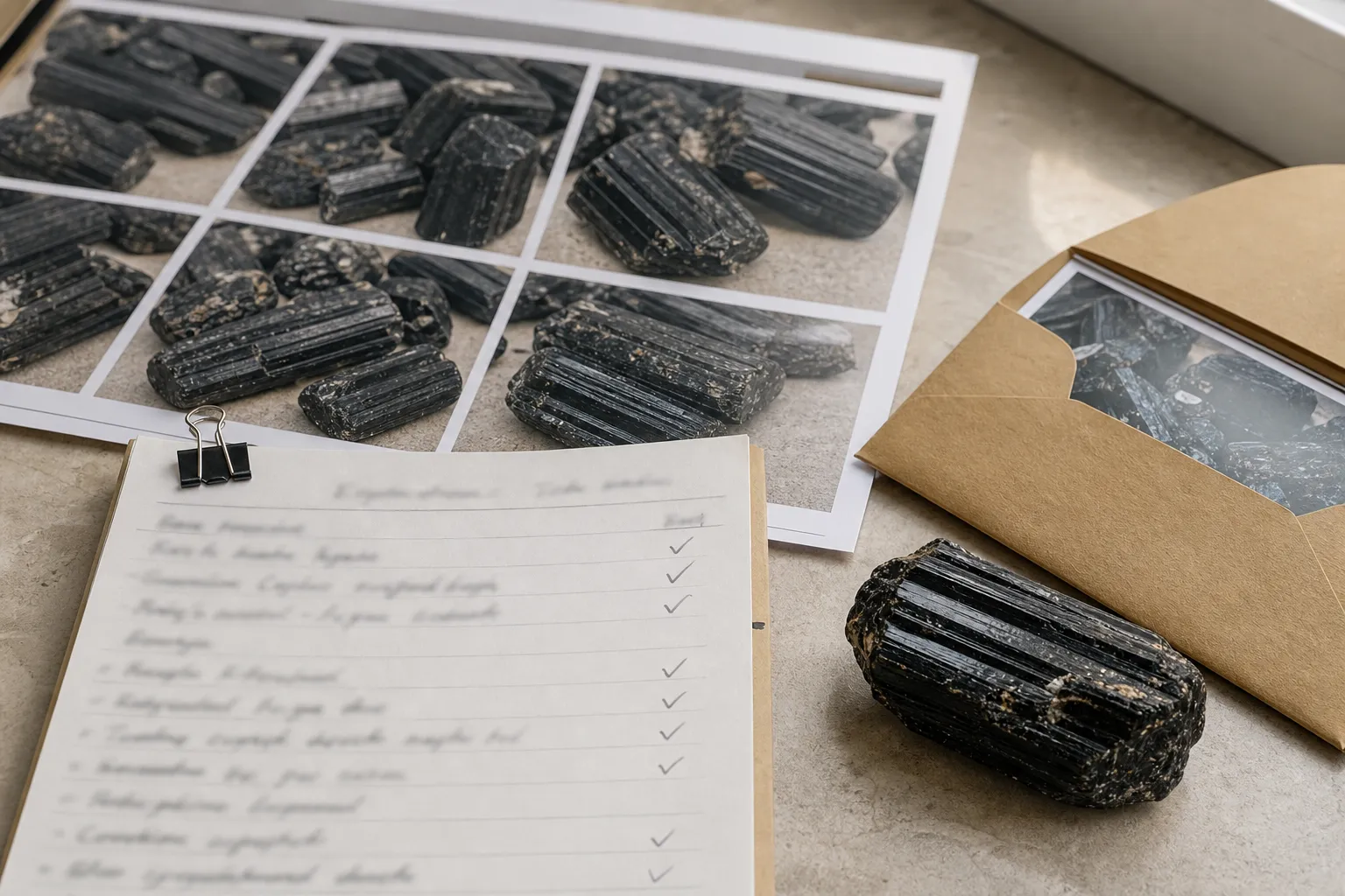 Supplier questions and close surface photos used to screen raw schorl before purchase