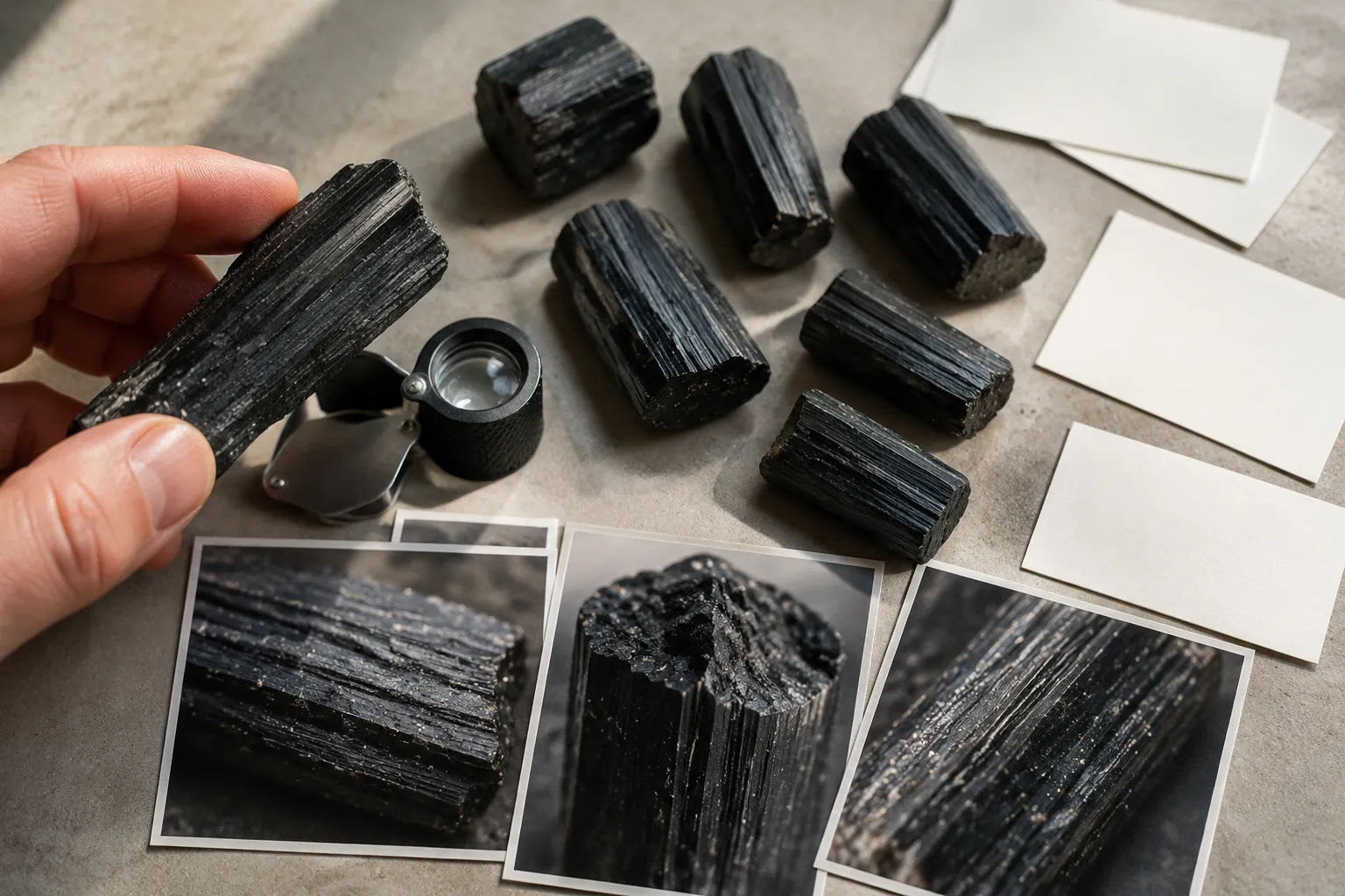 Close inspection of raw black tourmaline surfaces for evidence gaps before sourcing
