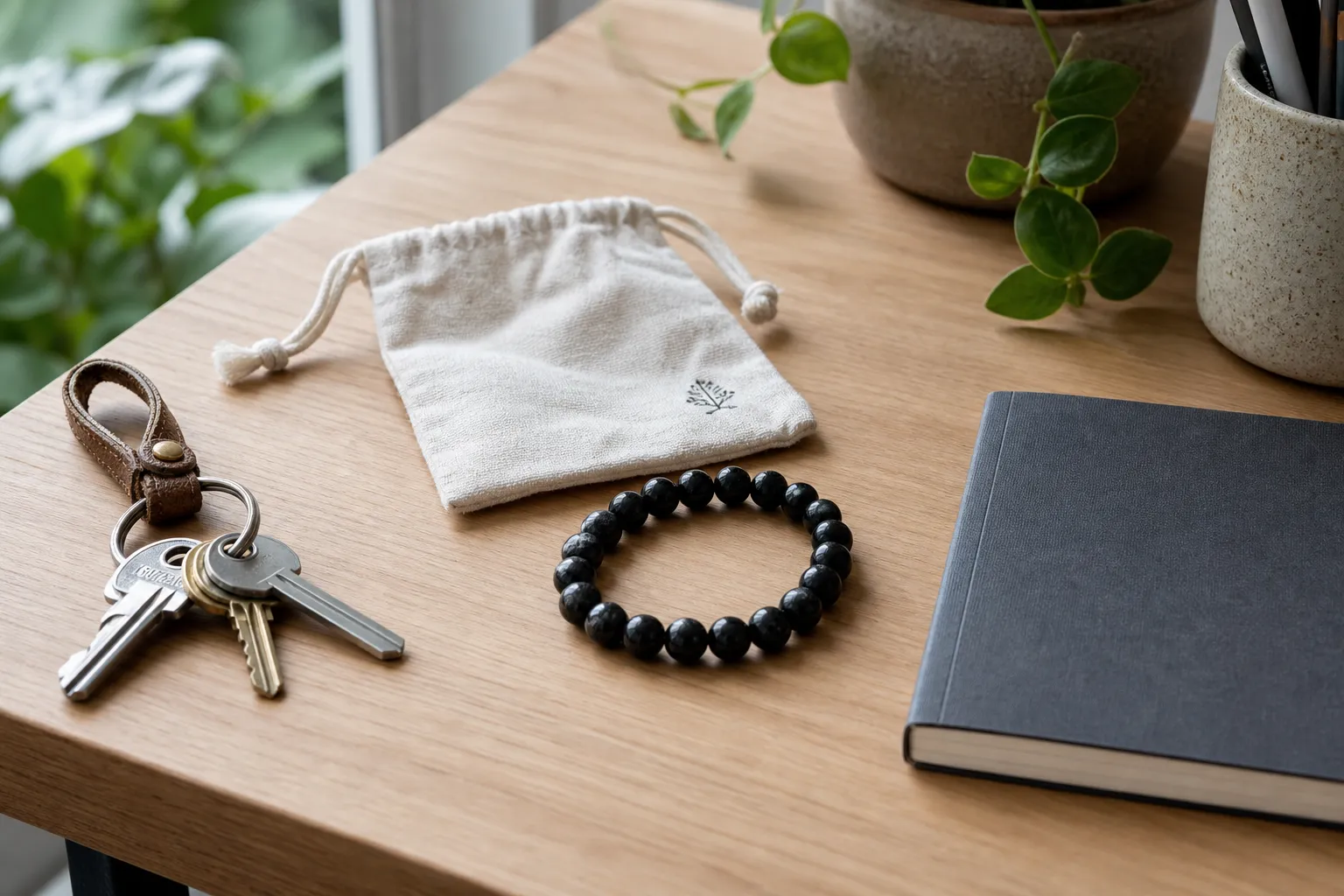 A black tourmaline bracelet placed near a pocket pouch and work surface as an alternative to wrist wear